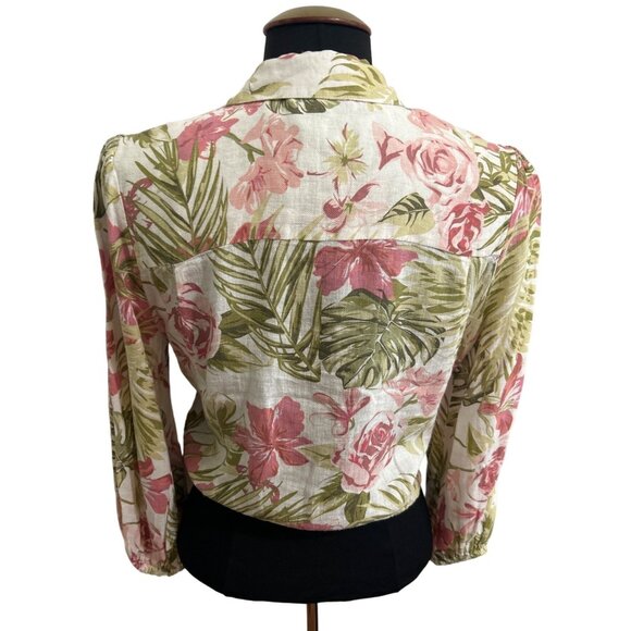 Larry Levine Women's Linen Blend Button Down Floral Front Tie Blouse Small - Picture 3 of 9